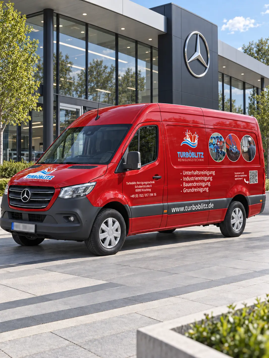 Roter Turboblitz Mercedes Sprinter vor einem Mercedes Autohaus