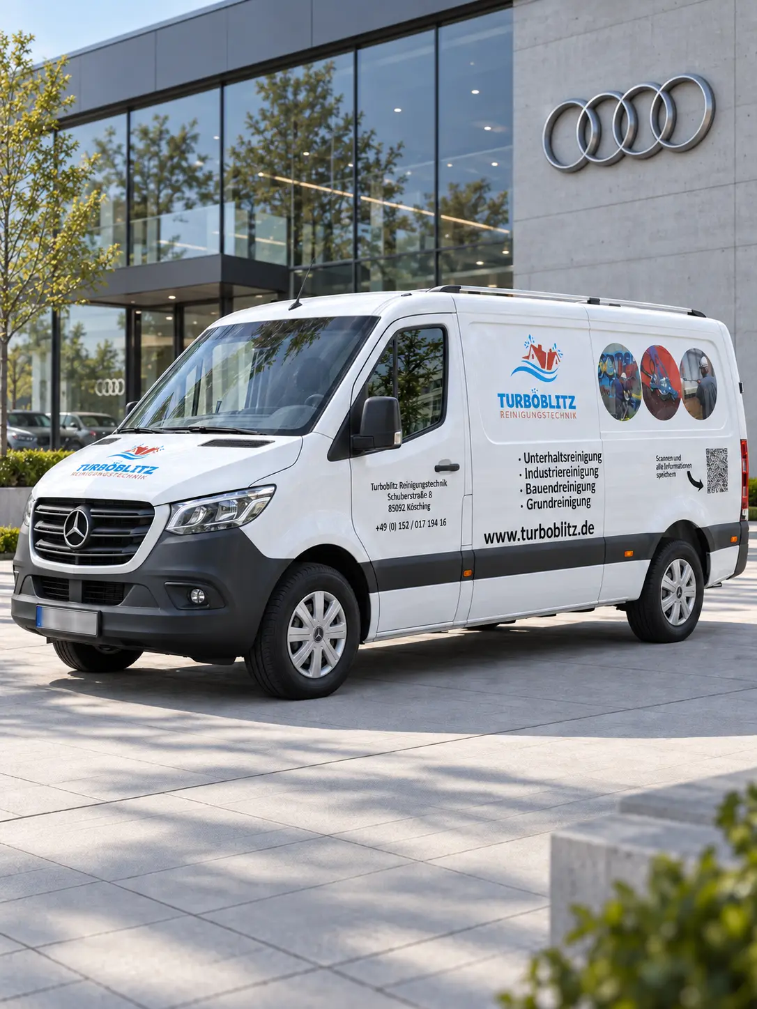 Weißer Turboblitz Mercedes Sprinter vor einem Audi Autohaus