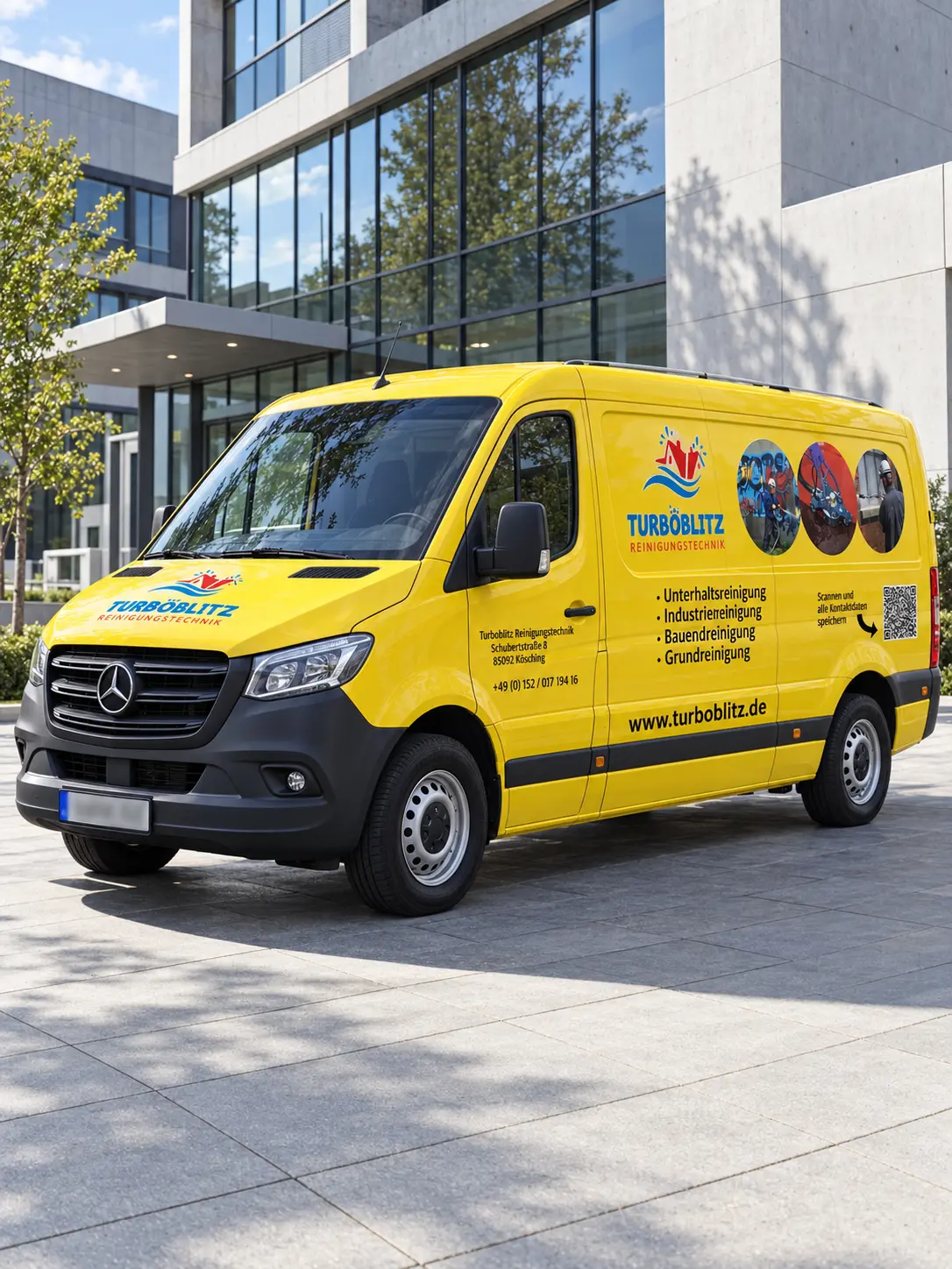 Gelber Turboblitz Mercedes Sprinter vor moderner Architektur